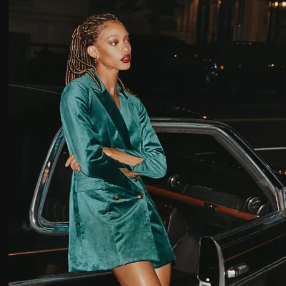 Maeve Anthropologie Green Teal Velvet Blazer Dress Size Petite 6P